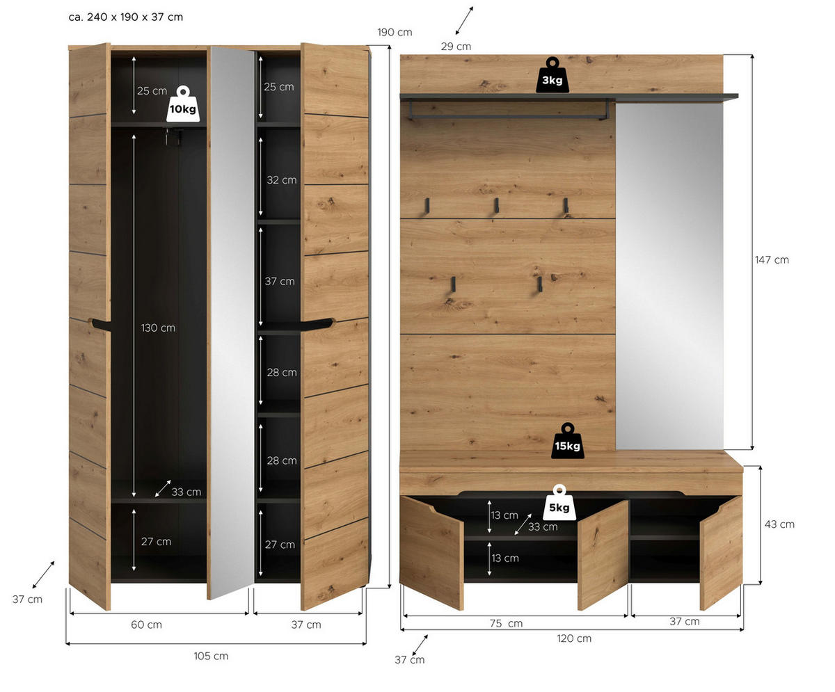 GARDEROBEN-SET Canu Artisan 240/37/190 cm - Grau, Holzwerkstoff (240/190/37cm) - Xonox