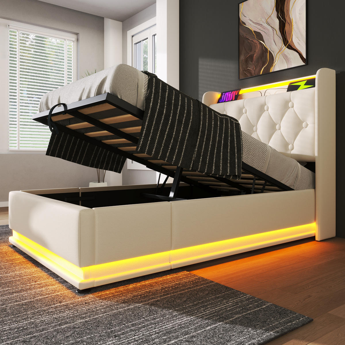 POLSTERBETT 90x200cm Einzelbett 360° LED USB-C Hydraulik Weiß PU - Weiß, Holz (90/200cm) - FLIEKS