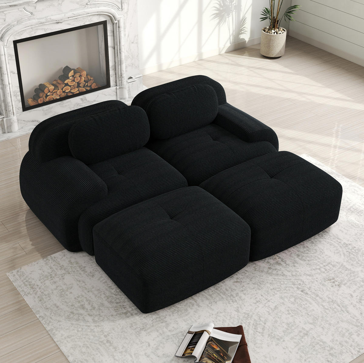 2-SITZER-MODULSOFA aus Cordstoff Schwarz rahmenlos mit ergonomischen Armlehnen und rutschfester Unterseite - Schwarz, Textil (208/75/178cm) - Modfu