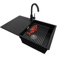 GRANITSPÜLE San Francisco, 2-er set Schwarz 78/50 cm 1 Becken + Küchenarmatur 32/20 cm + Ablauf-Set + Aufrollbare Abtropffläche ab 50er Unterschrank - Chromfarben/Schwarz, Kunststoff (78/20/50cm) - Primagran