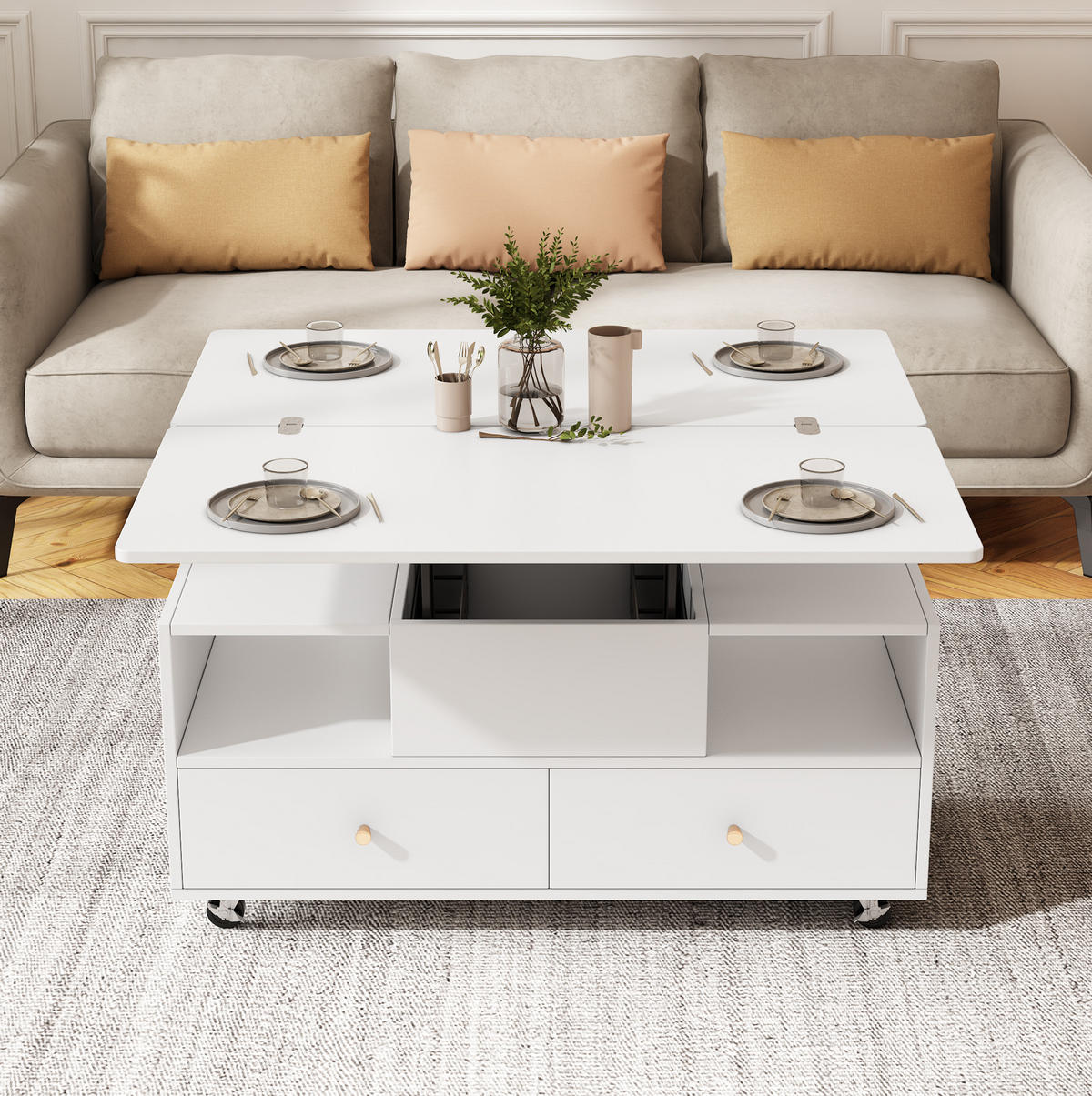 COUCHTISCH höhenverstellbar 100 x 50 cm MDF Weiß mit 4 Schubladen - Weiß, Holz (100/50/47.5cm) - Meubliv