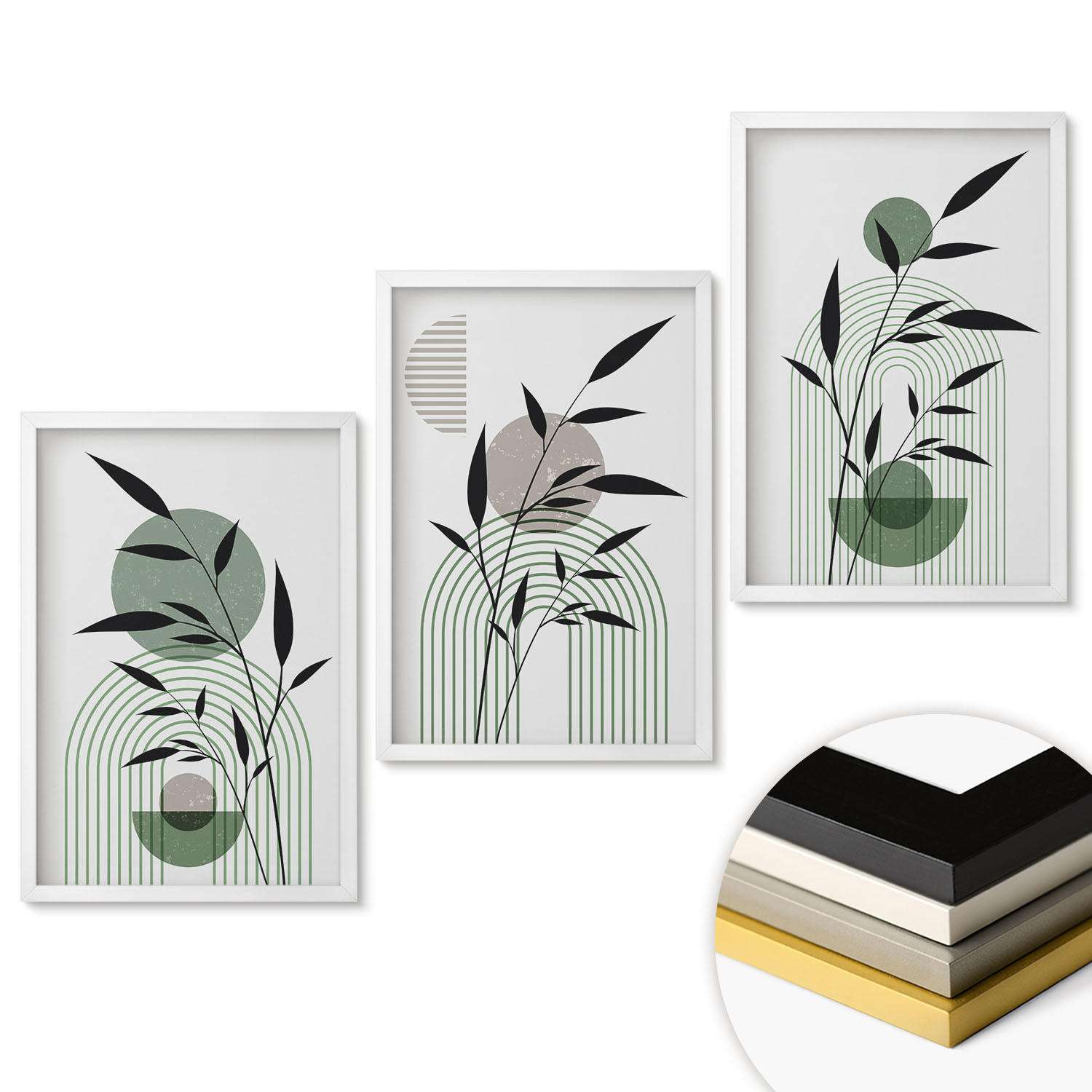 WANDBILDER 3er-Set - 40x60 cm Weißer Rahmen - Boho-Pflanzenkompositionen - Weiß, Kunststoff (40/60cm) - ArtPrintCave
