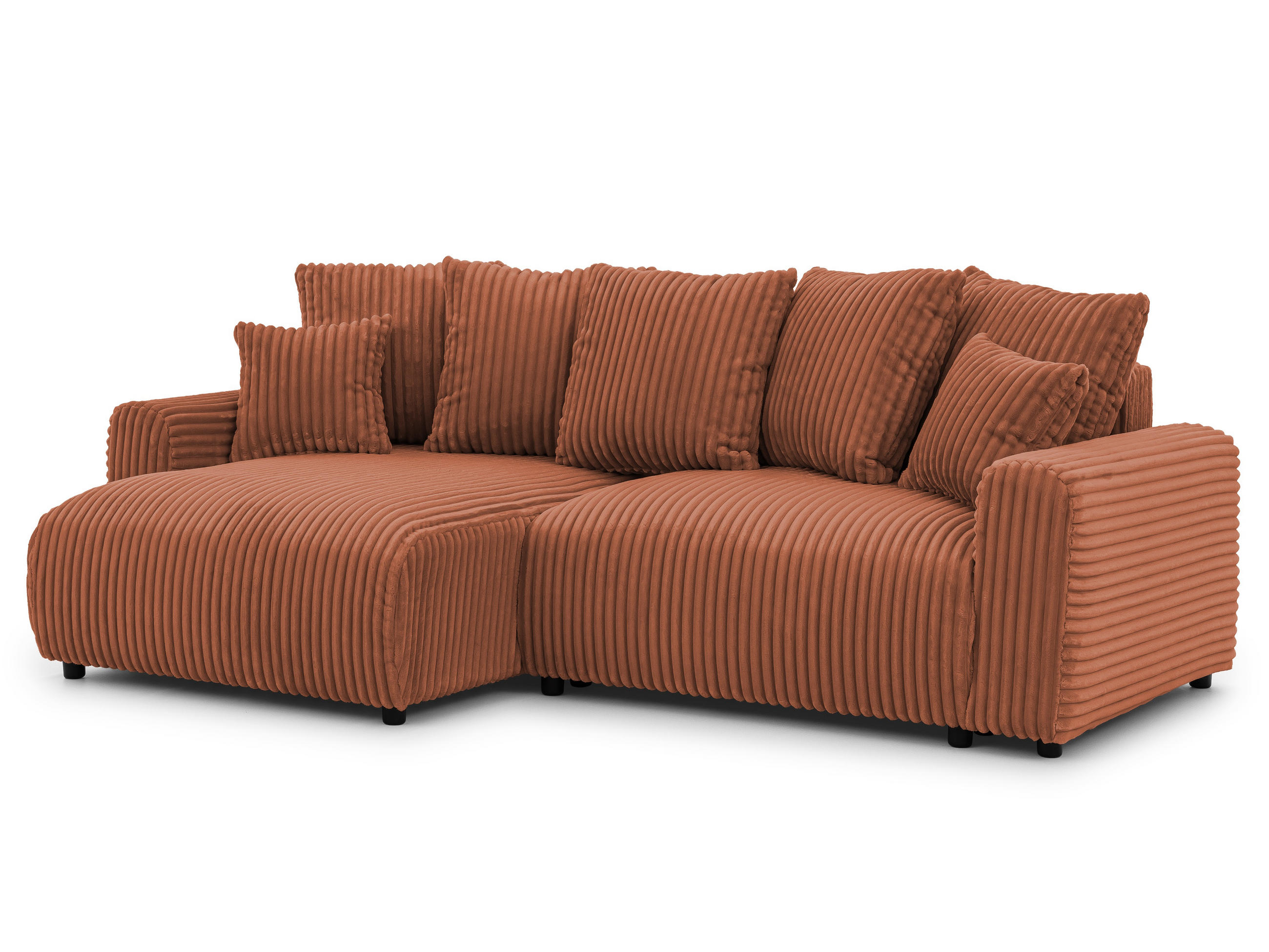 ECKSOFA Calma mit Schlaffunktion und Bettkasten im Bumpy-Design aus weichem Terrakotta Plüschcord - Ottomane links - Terracotta/Schwarz, Holz/Kunststoff (239/140cm) - S-Style