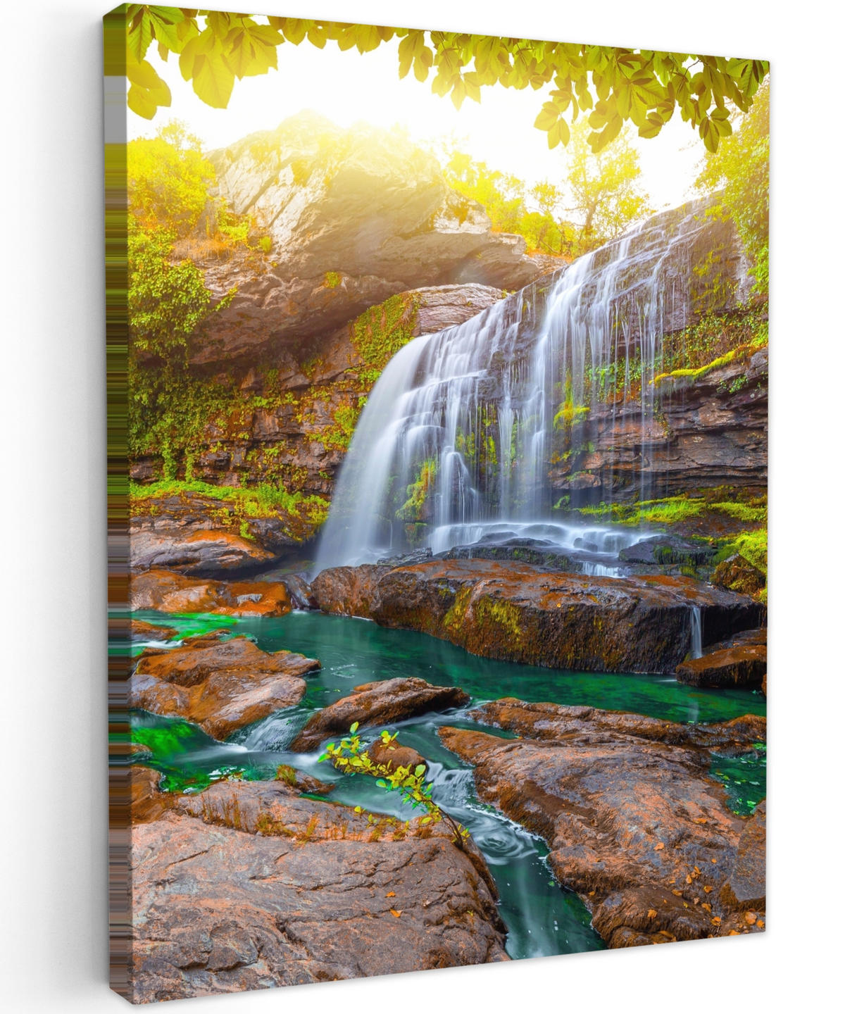 LEINWANDBILD Natur - Wasserfall - Pflanzen - Bäume - Sonne 30x40 cm - Olivgrün, Textil (30/40cm) - MuchoWow