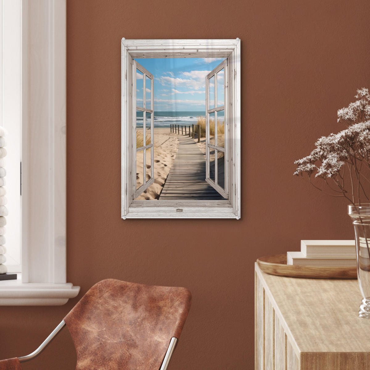 ACRYLGLASBILD Fenster - Meer - Küste - Natur - Ausblick - Strand - Wattenmeer 40x60 cm - Beige, Glas (40/60cm) - MuchoWow