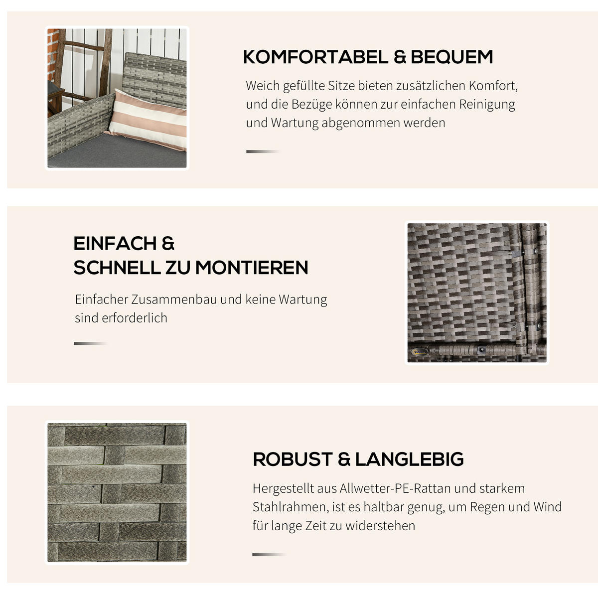 RATTAN Sofa mit Kissen, Dreisitzer, Garten Loungesofa, Stahl, Grau - Grau, Metall (68/78/173cm) - Outsunny