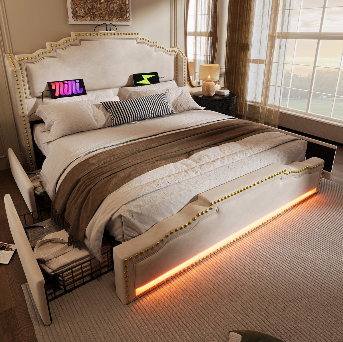 POLSTERBETT aus Samt 160x200 cm in Beige mit LED-Beleuchtung & USB-C - Beige, Textil (160/200cm) - Modfu