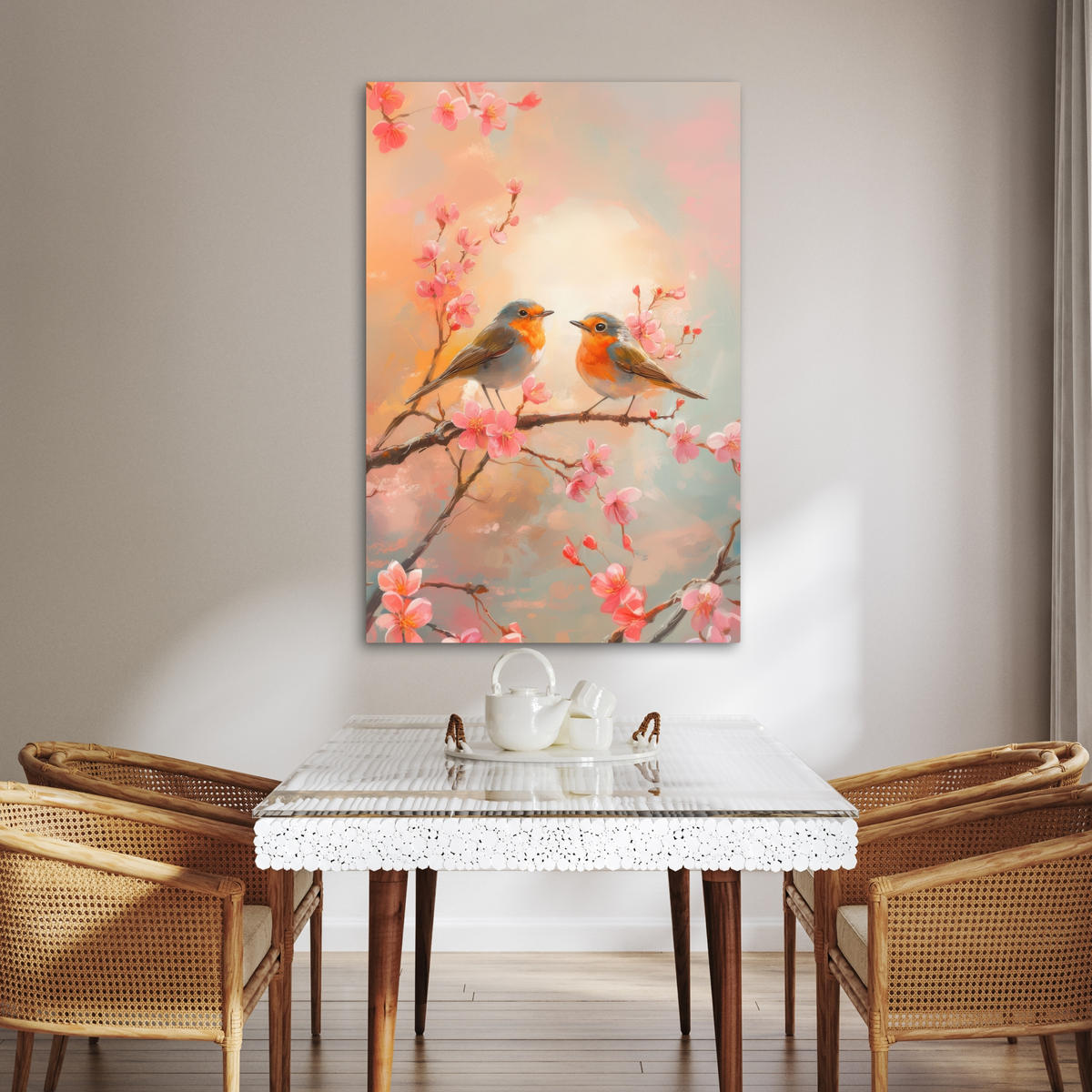 LEINWANDBILD Rotkehlchen - Zierpflanze - Blütenzweig 80x120 cm - Hellrosa, Textil (80/120cm) - MuchoWow