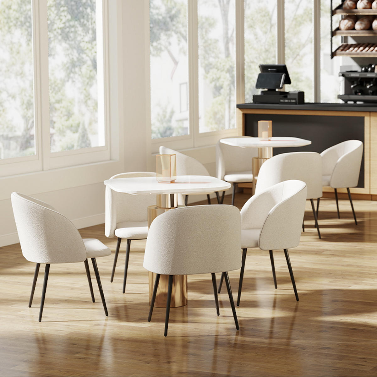 ESSZIMMERSTÜHLE 2er Set Küchenstuhl mit Ergonomisch Rückenlehne, Lammwoll-Optik - Creme/Schwarz, Textil/Metall (62/80/55cm) - HOMCOM