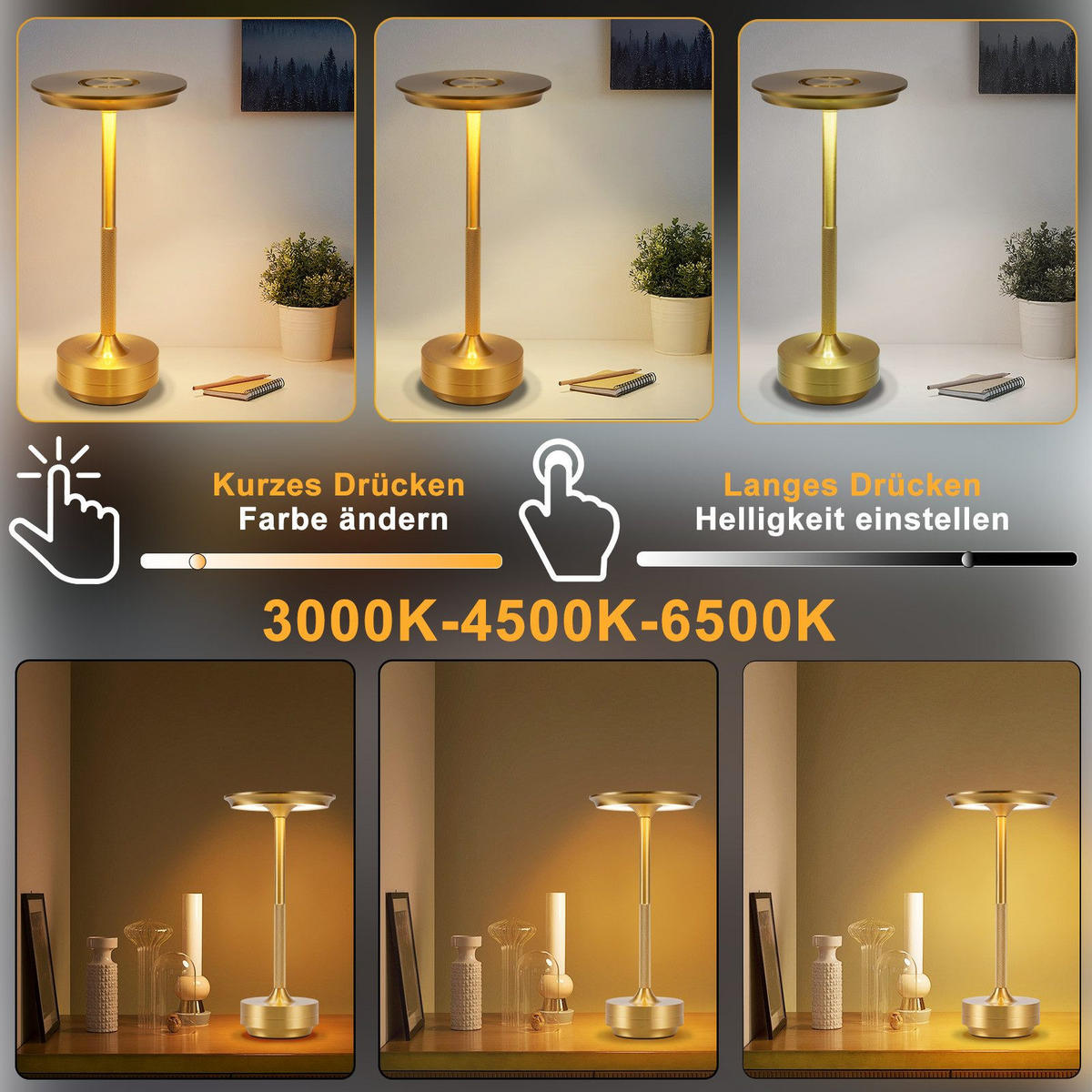 LED stolní lampa, večerní záře, 27/12,8/12,8 cm - zlatá, kov (27/12.8/12.8cm) - Nettlife