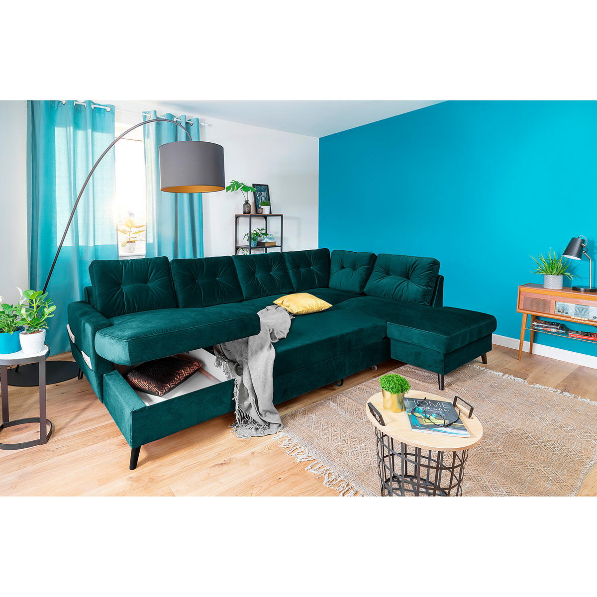 WOHNLANDSCHAFT mit Longchair - Petrol/Schwarz, Buchenholz/Textil (297/90/200cm) - home24