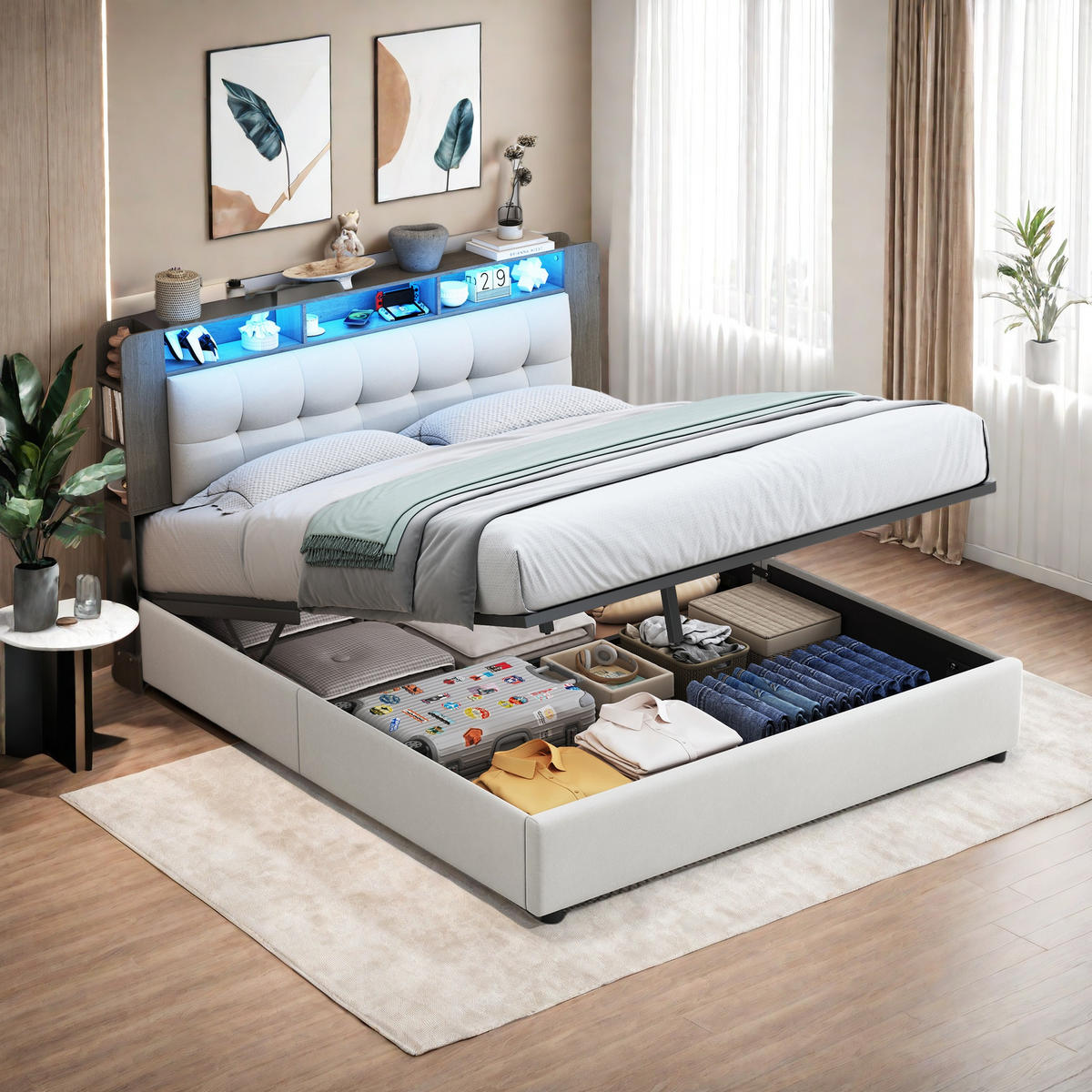 ČALÚNENÁ posteľ 140x200 cm béžová LED s hydraulickým úložným priestorom - béžová, kov (140/200cm) - SHOPENTRA