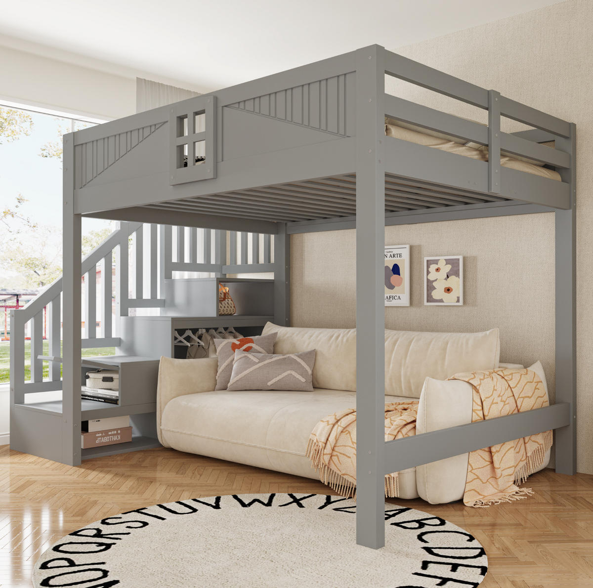 HOCHBETT aus Holz 140x200 cm Grau mit Sicherheitsgeländer, Stauraum und beidseitig montierbarer Leiter - Grau, Holz (140/200cm) - Modfu