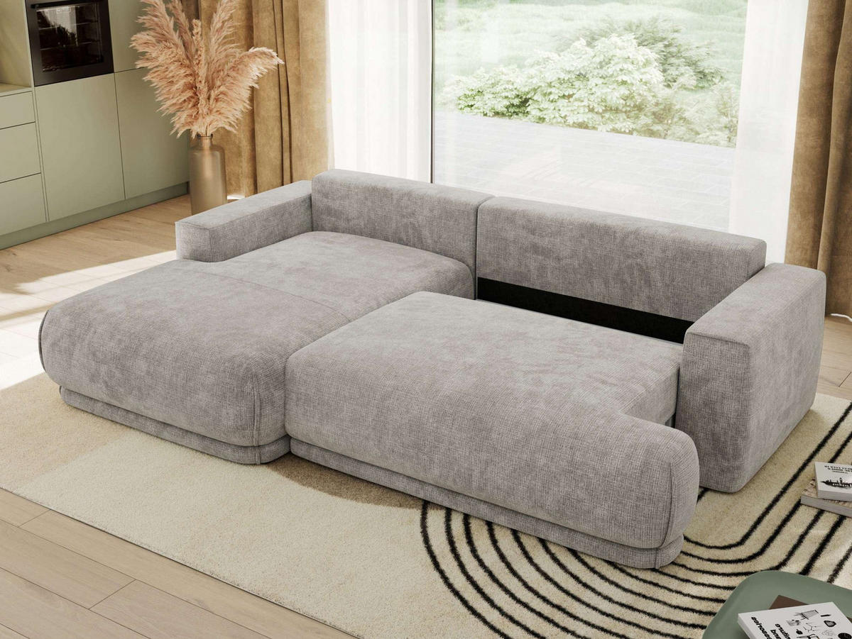 ECKSCHLAFSOFA RINA L Hellgrau Schenille grob gewebt - links - Hellgrau/Schwarz, Kunststoff/Textil (267/170cm) - MKS