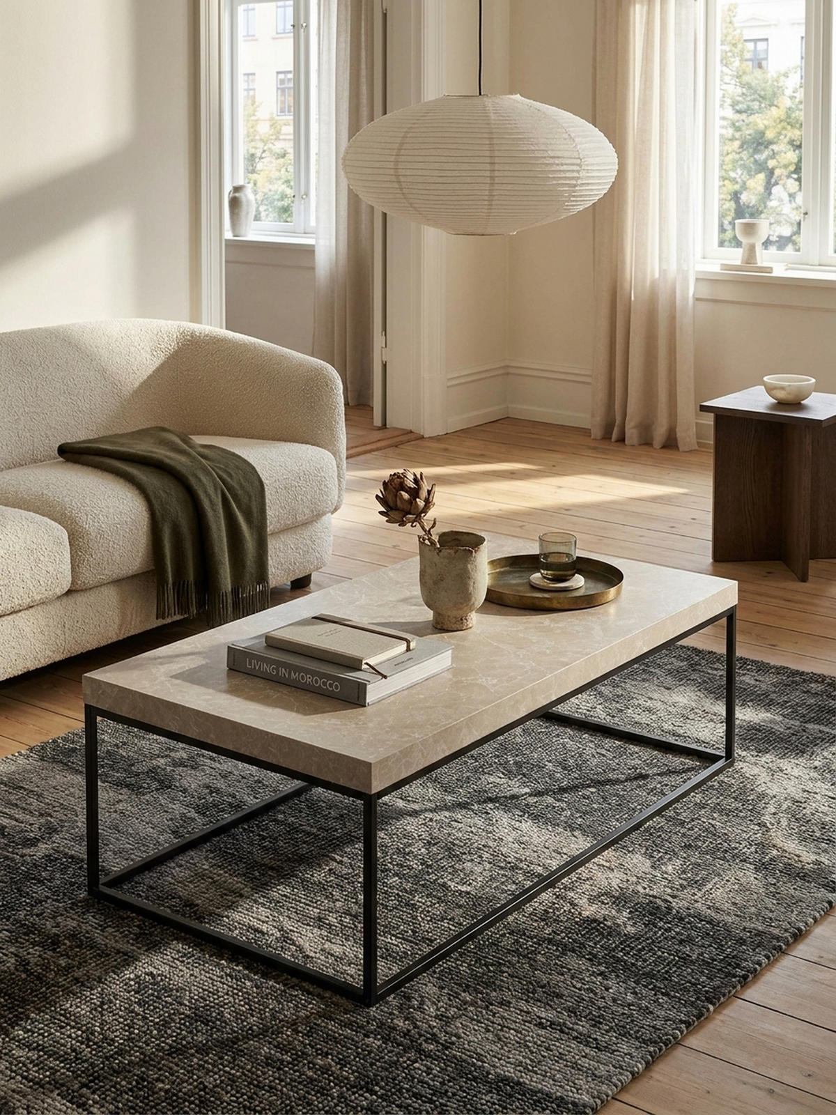 COUCHTISCH in Stein-Optik mit Metallbeinen, Modernes Design, Rechteckig, Groß, Beige 120x60x38 cm - Beige/Schwarz, Holzwerkstoff/Metall (60/120/38cm) - KADIMA DESIGN