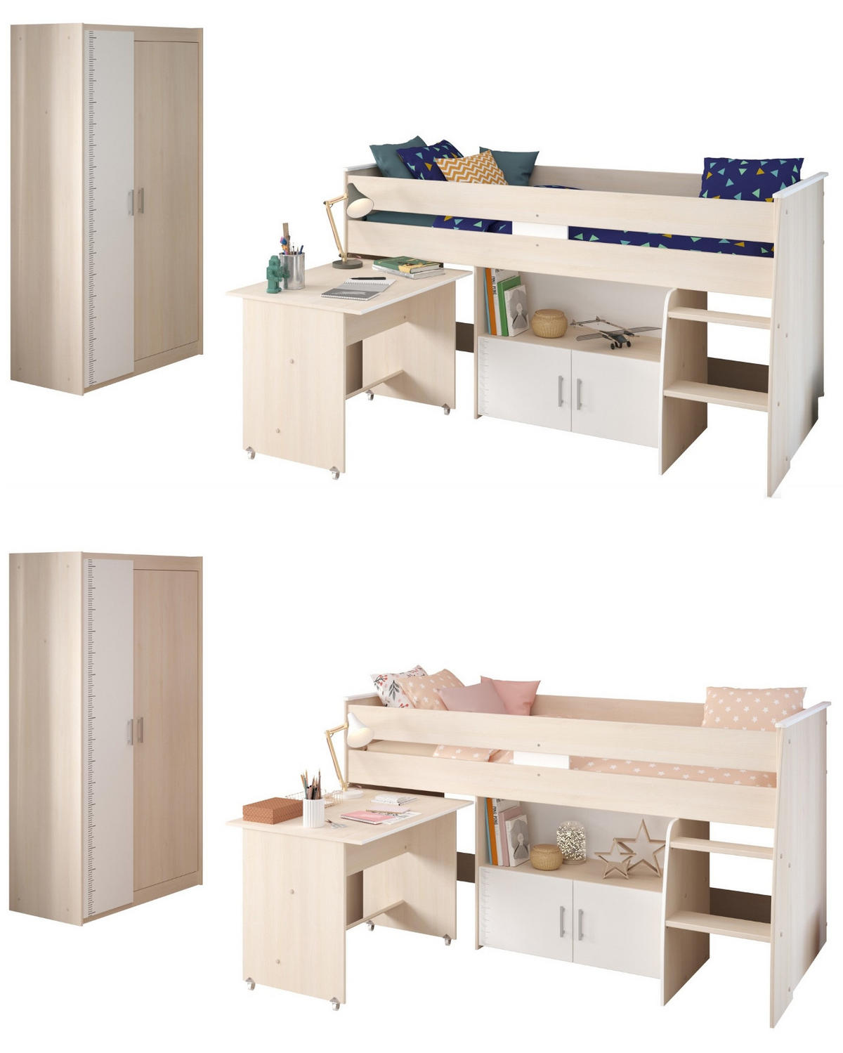 KINDERZIMMER Set mit Hochbett 90 x 200, Schreibtisch und Kleiderschrank - Silberfarben/Weiß, Holz/Holzwerkstoff (206/180/114cm) - Parisot Meuble