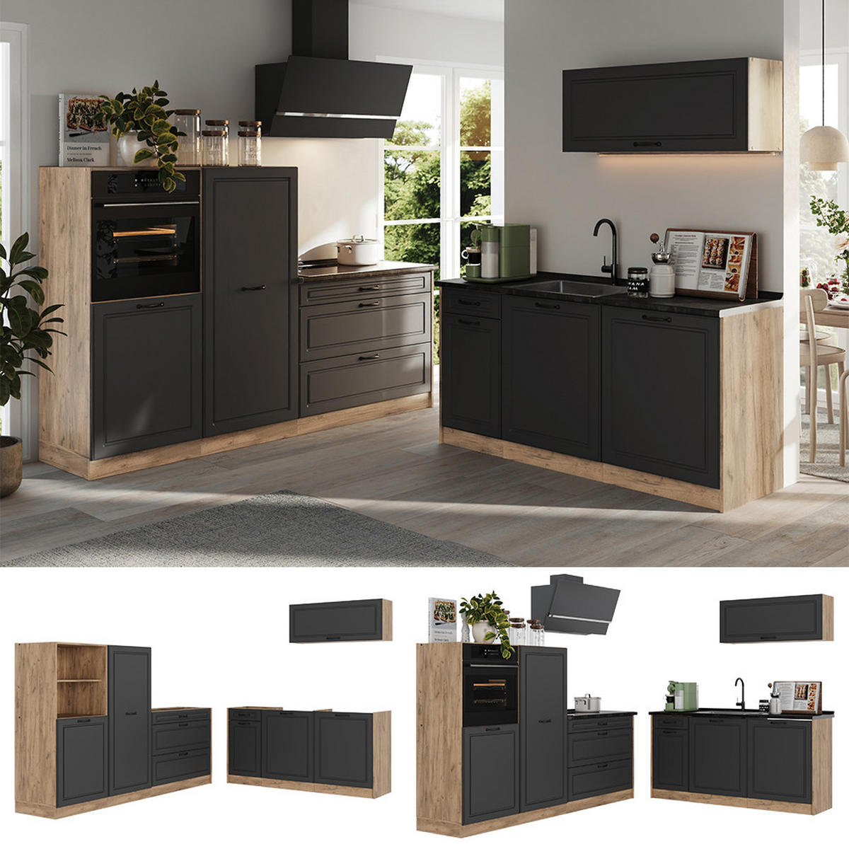 KUCHYNKA R-Line, Antracitový vidiecky dom/Dub Goldkraft, 220 cm Goldkraft tammi työtaso - farba duba/antracitová, kompozitné drevo (220/143/60cm) - Vicco