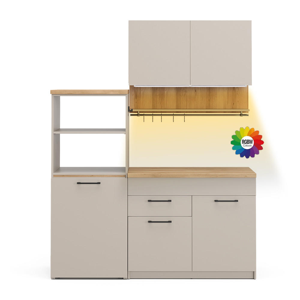 BUCATARIE SIMPLA Egbert Greige 160 cm cu masa extensibila cu benzi LED