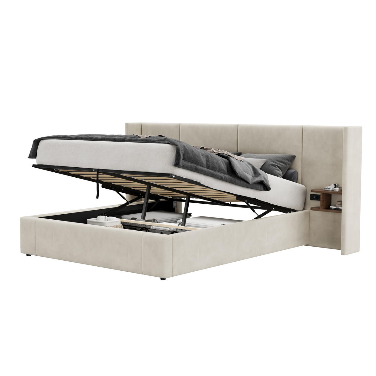 STAURRAUMBETT 160/200 cm DE-02637, mit 2 Nachttischen und Hydraulik, in Beige - Beige, Holzwerkstoff/Metall (160/200cm) - ComfortXL