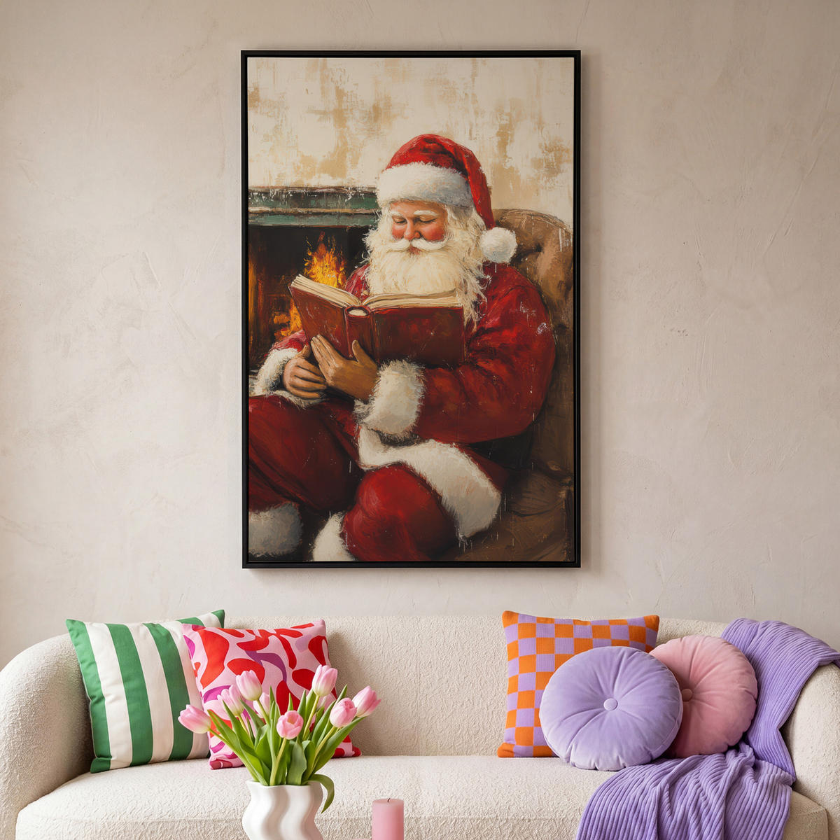 LEINWAND Bilder mit Rahmen - Weihnachten - Weihnachtsmann - Winter - Open Fireside - 100x150 - Dunkelrot, Textil (100/150cm) - MuchoWow