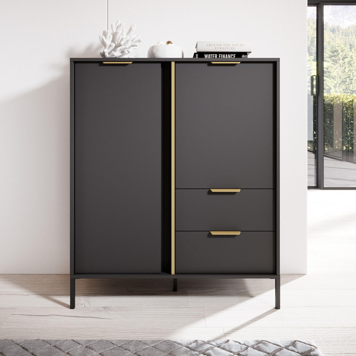 HIGHBOARD Valdi A 103 cm Anthrazit / Gold - mit 2 Türen und 2 Schubladen - Anthrazit/Gelb, Holz/Holzwerkstoff (103/123/39cm) - Ravio