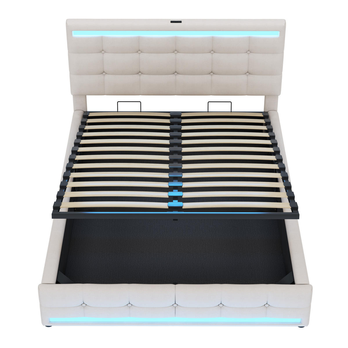 STAURAUMBETT 140/200 cm DE-01576, in Beige, mit LED-Beleuchtung, USB und hydraulischem Bettkasten - Beige, Metall (140/200cm) - ComfortXL