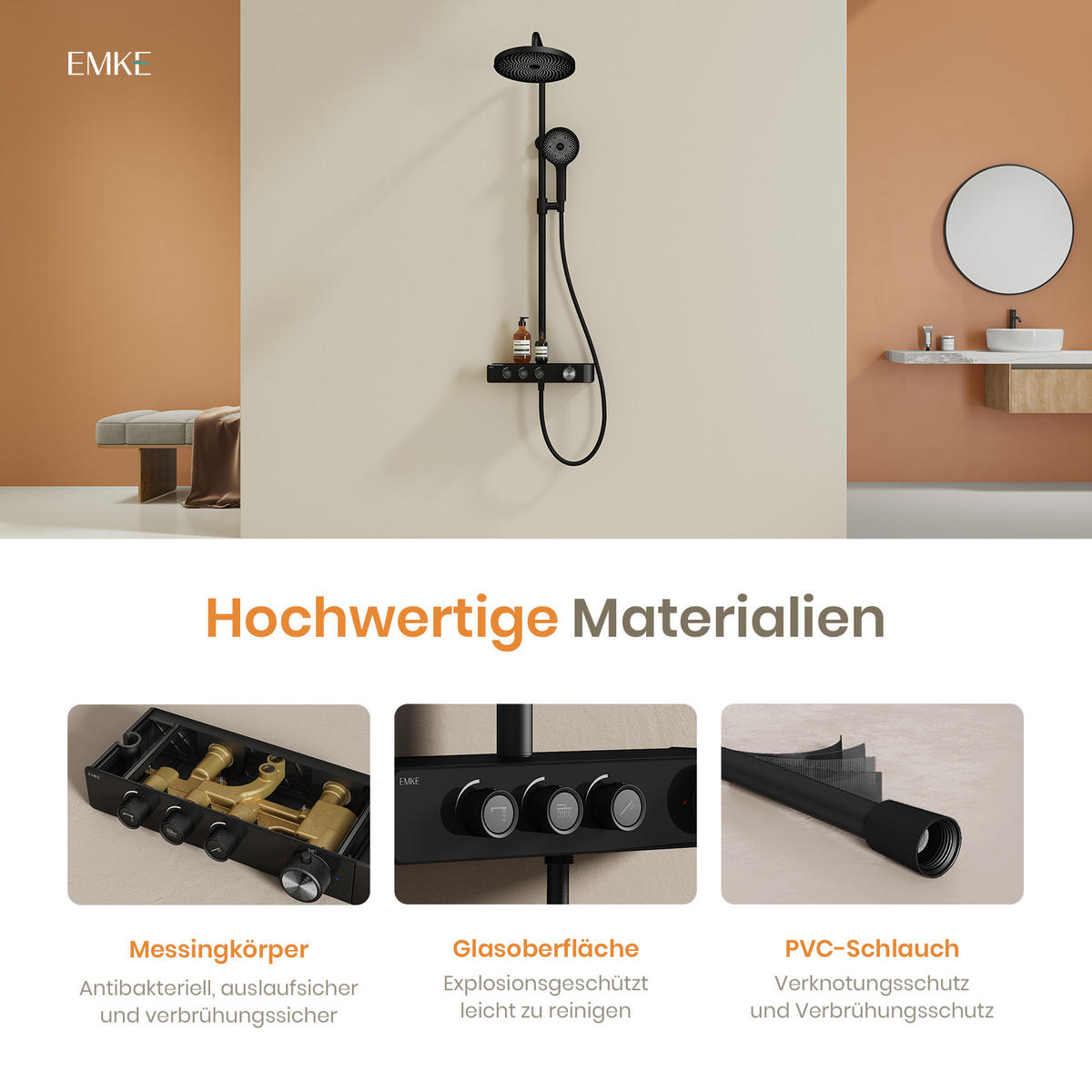 ÜBERKOPFBRAUSESET mit Thermostat Runde Überkopfbrause Vielseitig Schwarz - Schwarz, Metall (35.5/110/40cm) - EMKE