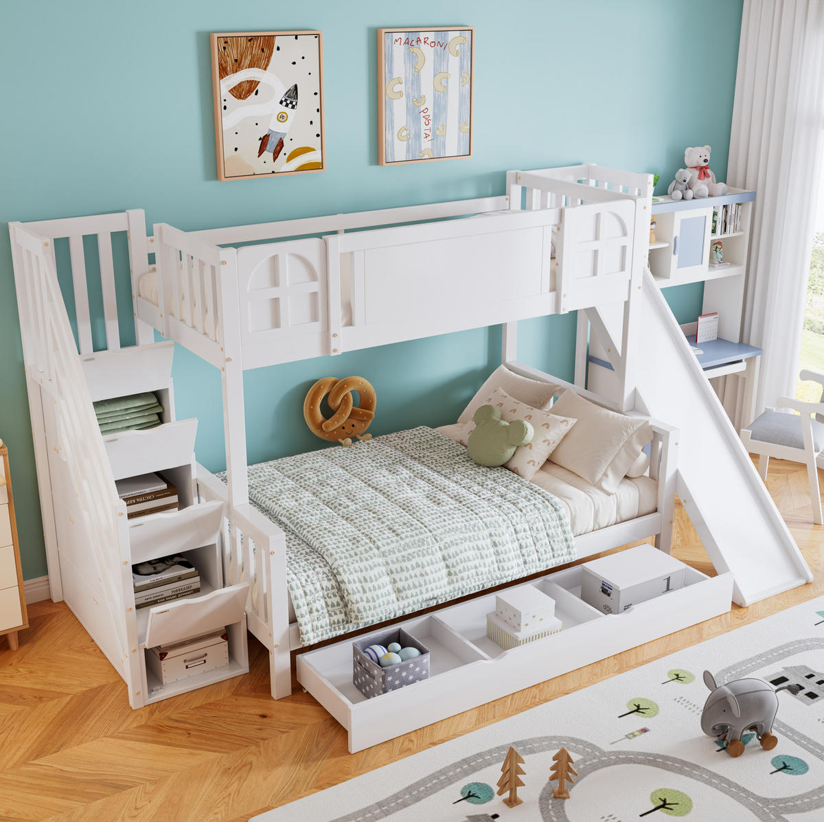 ETAGENBETT 90/200 & 120/200 cm in Weiß mit Rutsche und Stauraumtreppe - Weiß, Holzwerkstoff - BEAOK