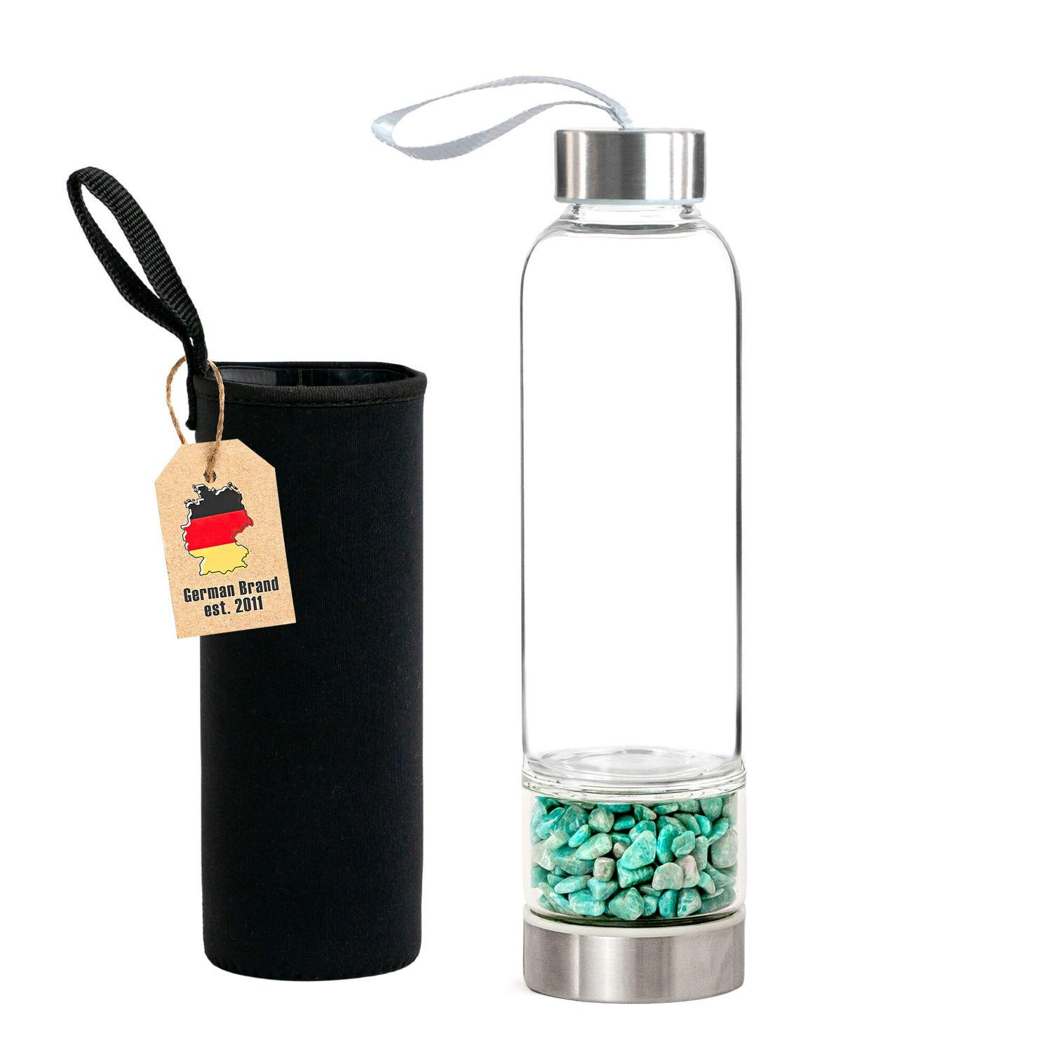 WASSERFLASCHE mit Heilsteinen und Tasche 400ml - Blau, Glas (0.4L) - Intirilife