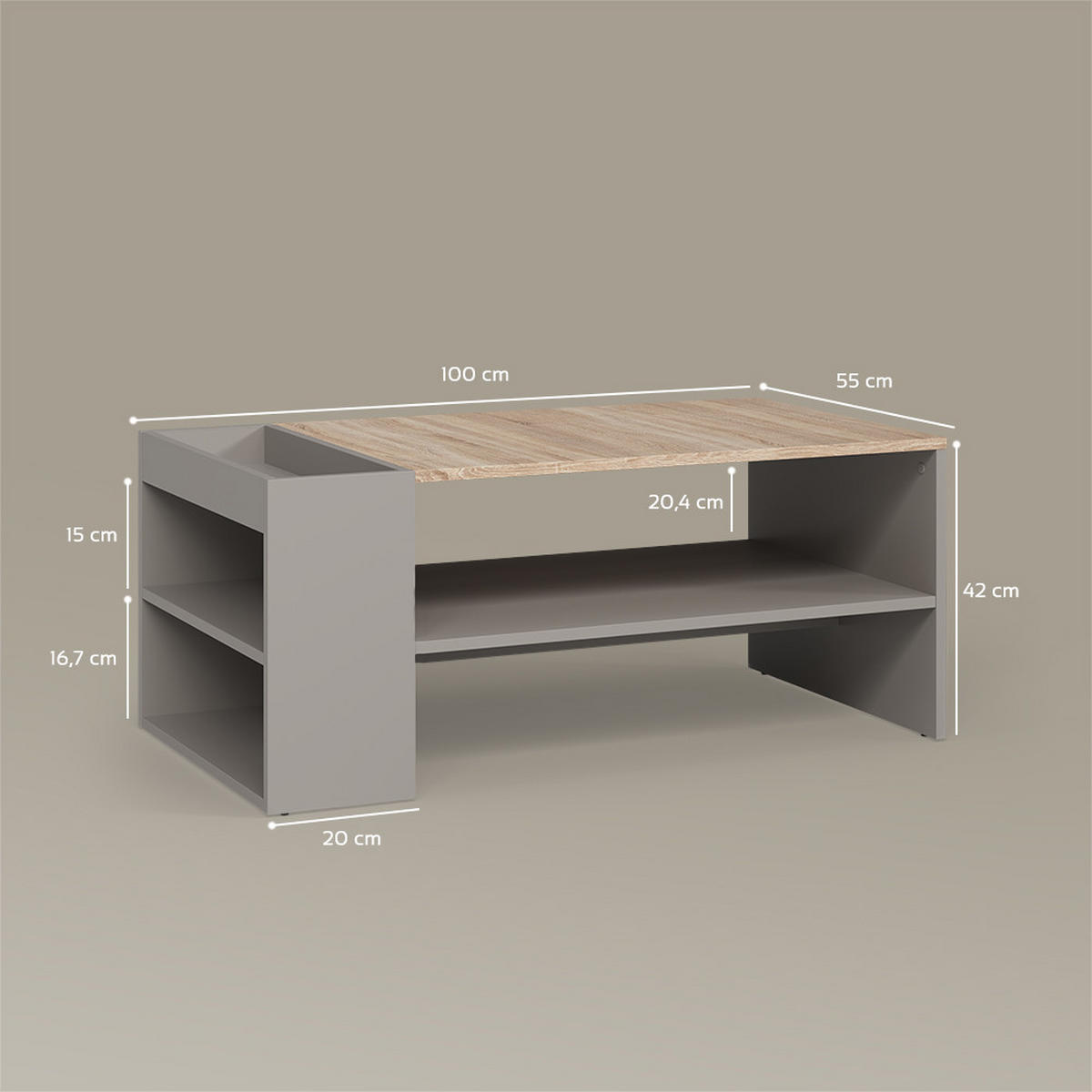 COUCHTISCH Piave Greige mit Regalen - Greige, Holzwerkstoff (55/100/42cm) - Livinity®