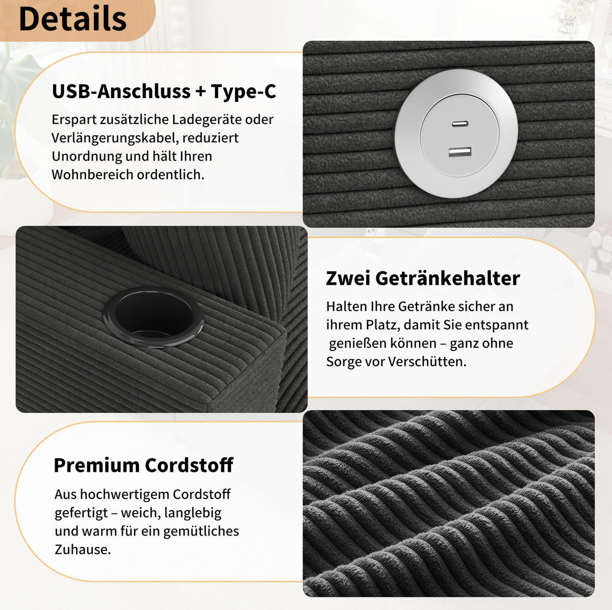 SCHLAFSOFA 163/140/82 cm in Grau – mit USB-Anschluss und Cordbezug - Grau, Textil (140/82/163cm) - BEAOK