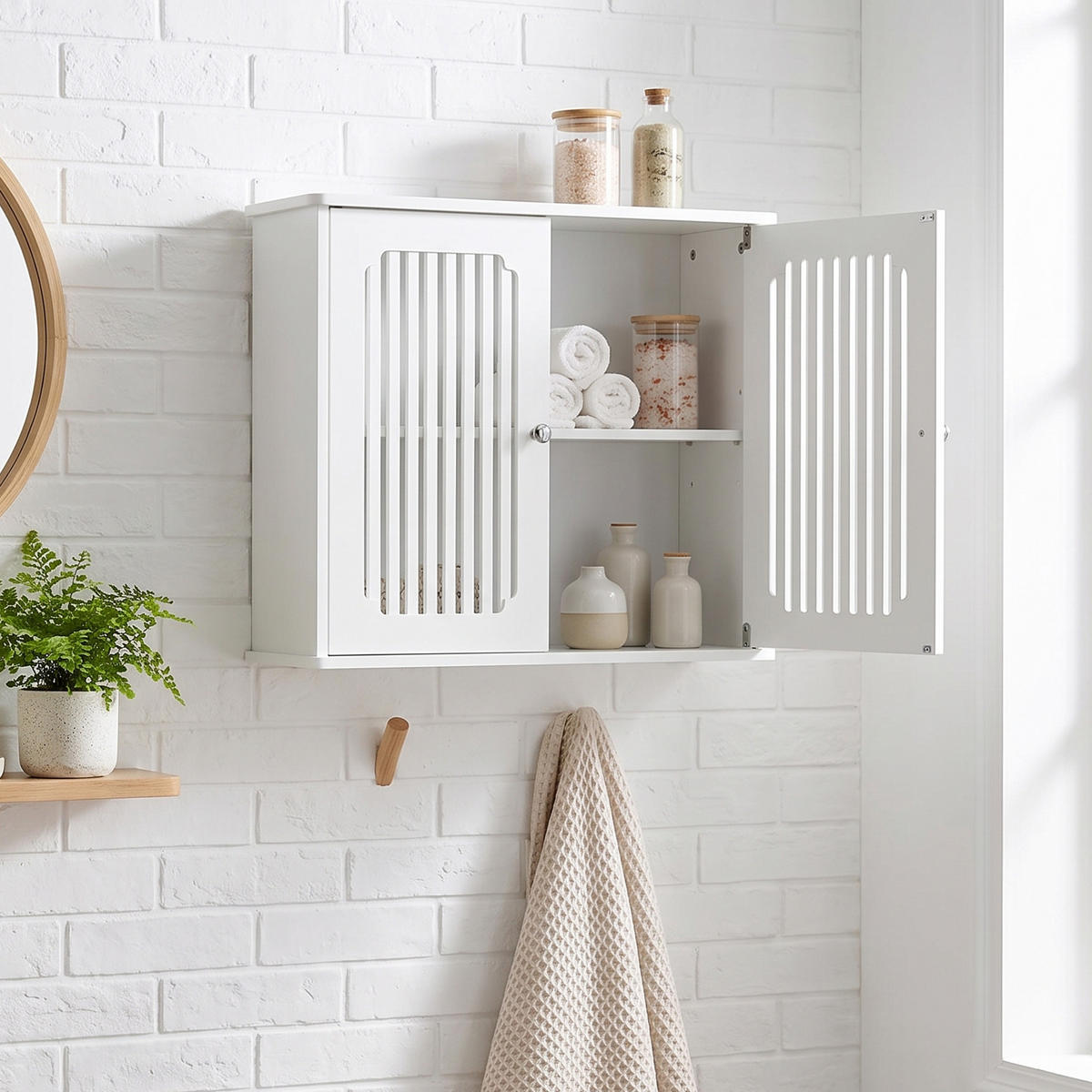 WANDSCHRANK Badezimmer Weiß mit Doppeltür & Lamellenfront - Weiß, Holzwerkstoff (60/52/20cm) - Urban Meuble
