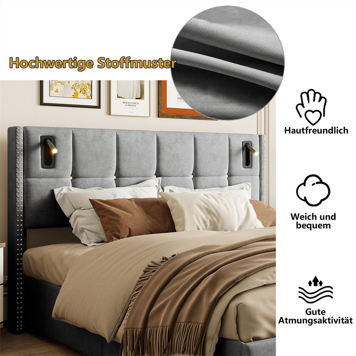 POLSTERBETT 140x200 cm - mit integrierten LED-Leseleuchten und hydraulischer Hebefunktion - ohne Matratze - Grau - Grau, Textil (140/200cm) - DELFA
