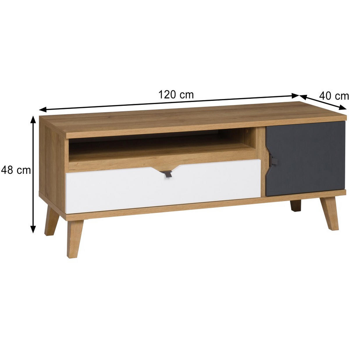 LOWBOARD Moreno mit 1 Tür und 1 Schublade, Eiche gold/mattweiß/graphit - Eichefarben/Graphitfarben, Holzwerkstoff/Kunststoff (120/48/40cm) - Beautysofa