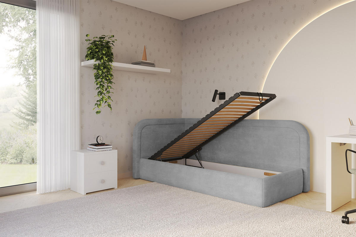 EINZELLBETT Jugendbett mit Bettkasten, Rechts - JOVY 100x200 Grau - Silberfarben, Holzwerkstoff/Textil (100/200cm) - ALTDECOR