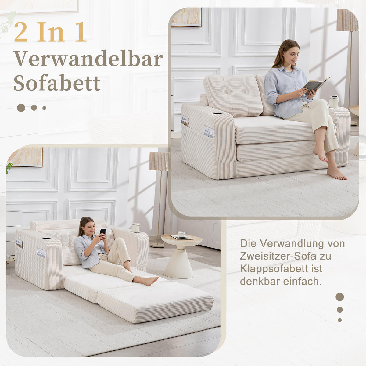 SCHLAFSOFA in Beige Cord mit Getränkehalter und Seitentaschen - Beige, Textil (136/82.5/80cm) - Oxeza