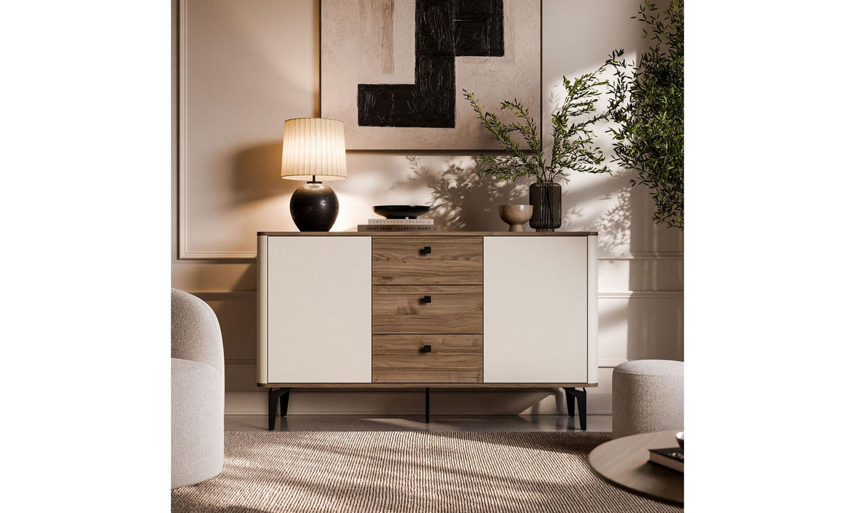 KOMMODE MOCHA 140/40/81 cm 2 Türen 3 Schubladen Kaschmir/Nussbaum Royal - Kaschmir/Schwarz, Holzwerkstoff/Kunststoff (140/81/40cm) - Lookway