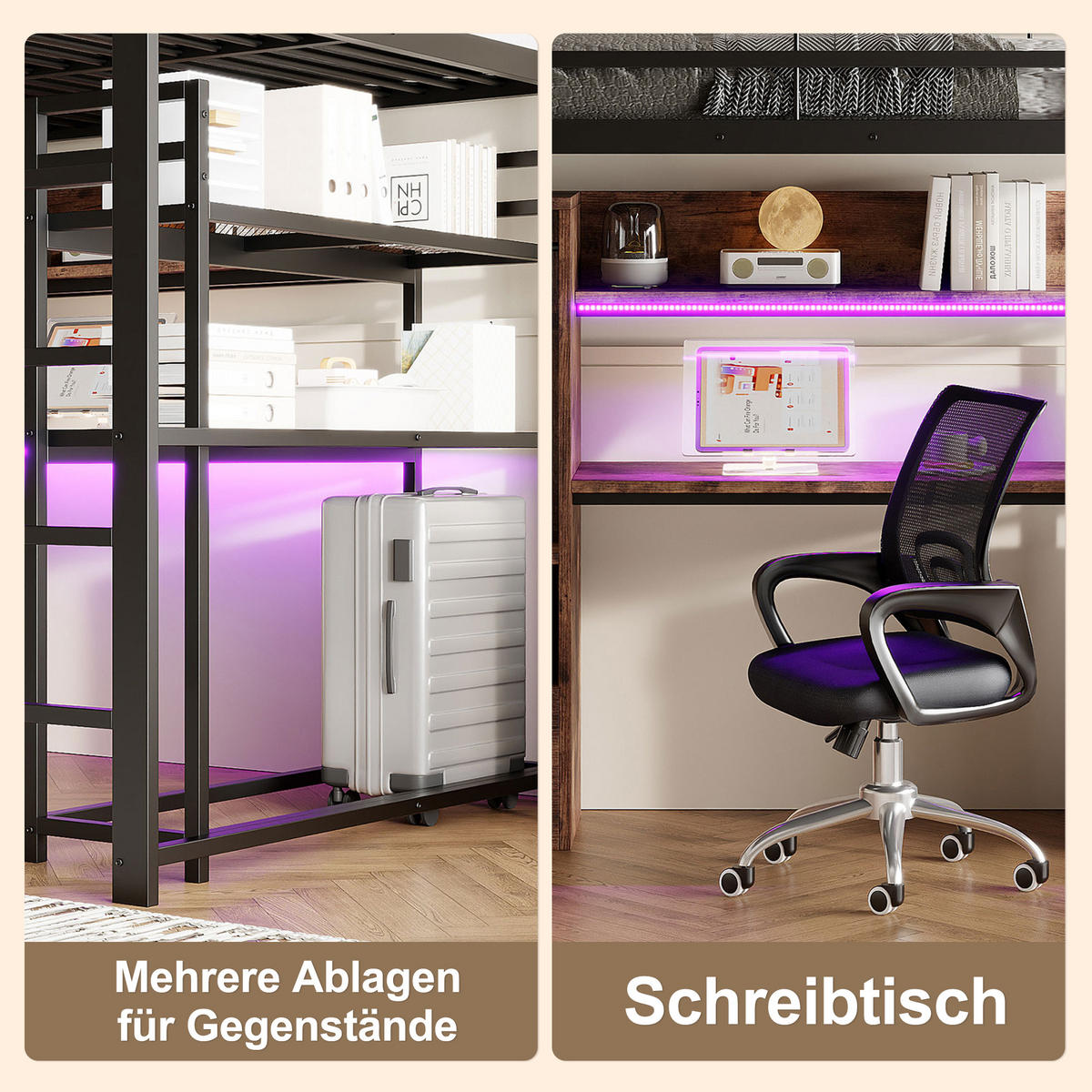 HOCHBETT metall schwarz 140x200cm mit schreibtisch led - Schwarz, Holzwerkstoff (140/200cm) - Urban Meuble