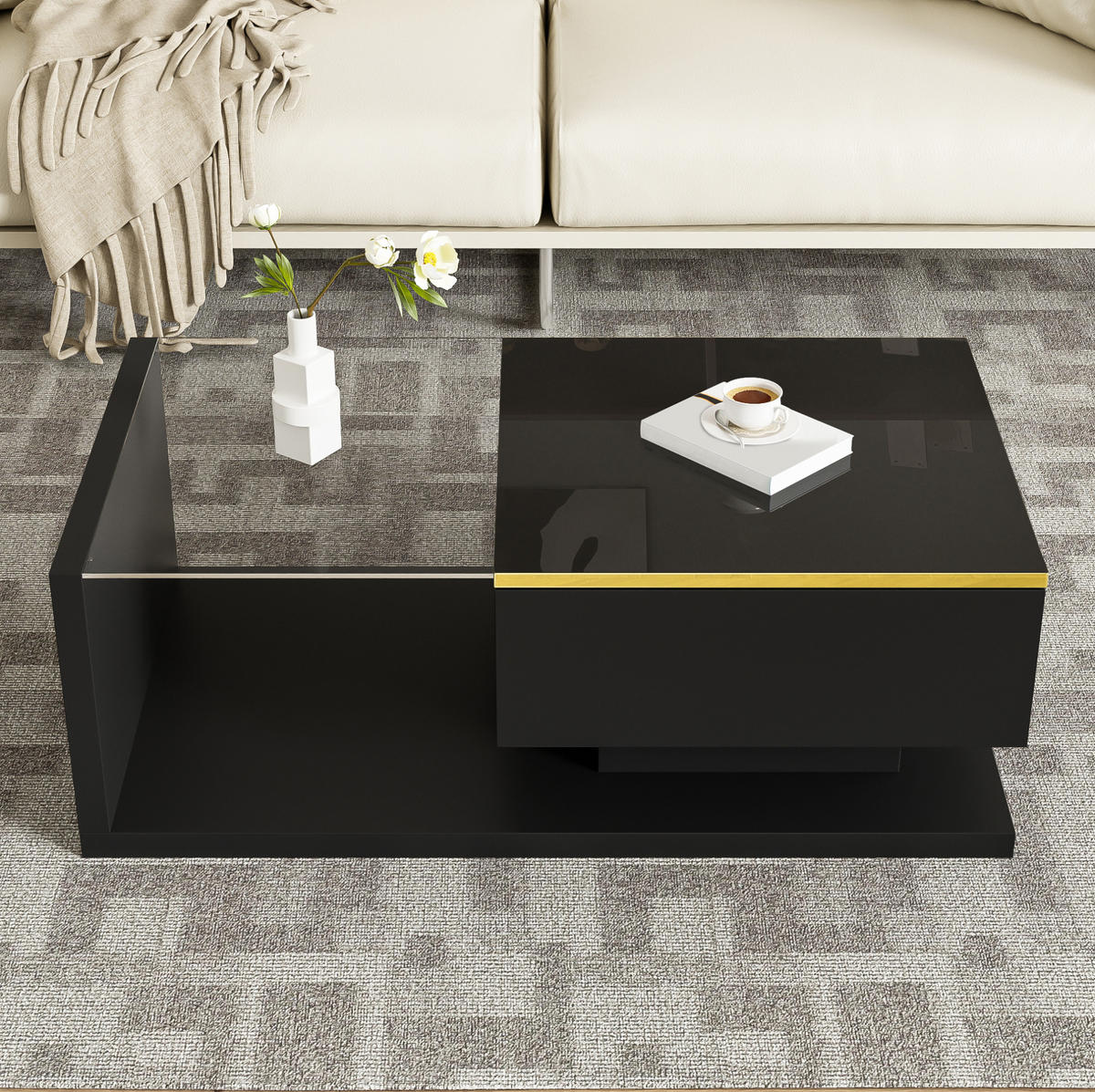 COUCHTISCH mit LED 90 x 50 cm Schwarz mit Glas - Schwarz, Holzwerkstoff (90/50/32.5cm) - Meubliv