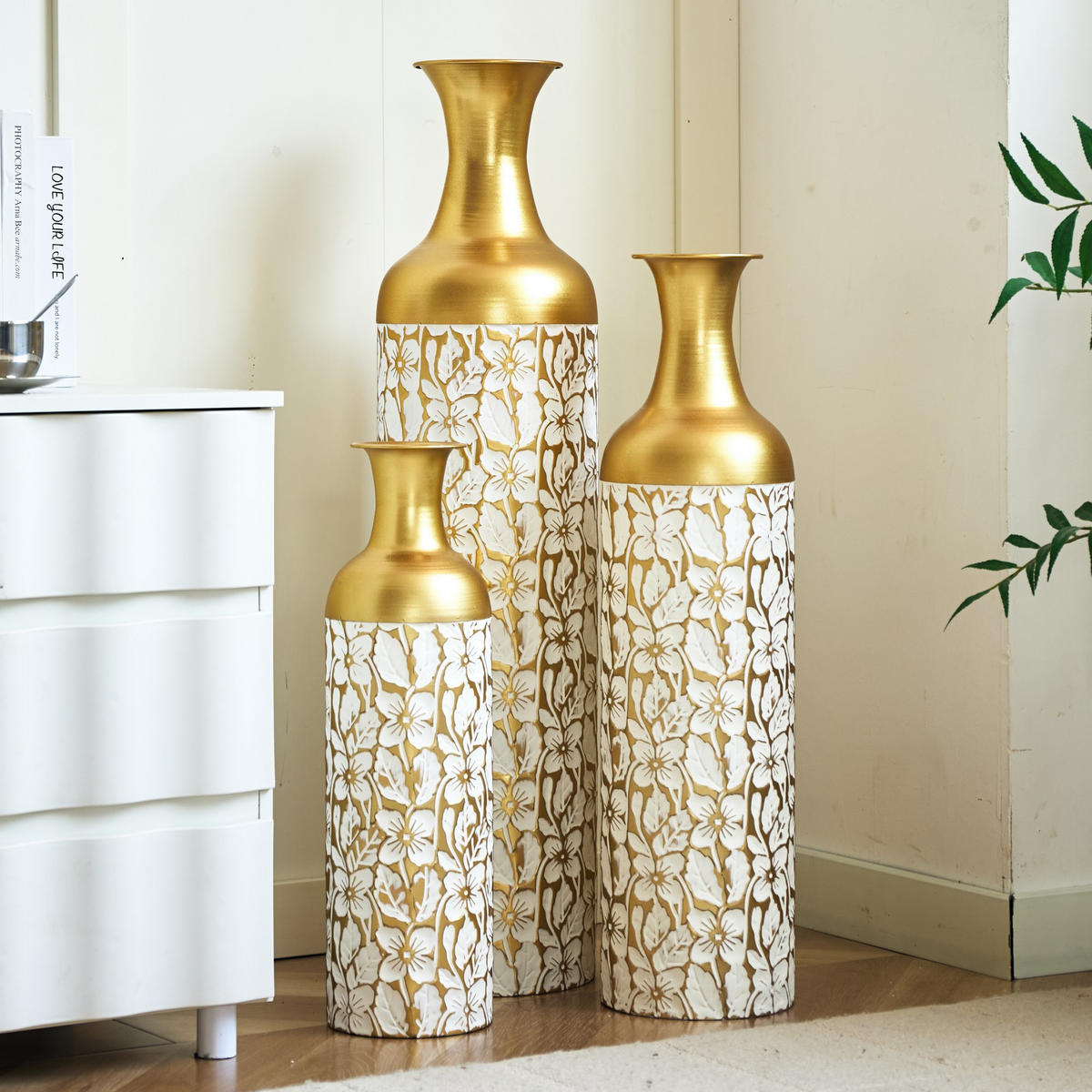 BODENVASE Metallvase,50/66/83 cm,3 tlg.Dekovase,Blume-Goldfarben - Goldfarben, Metall (83cm) - LVHOM