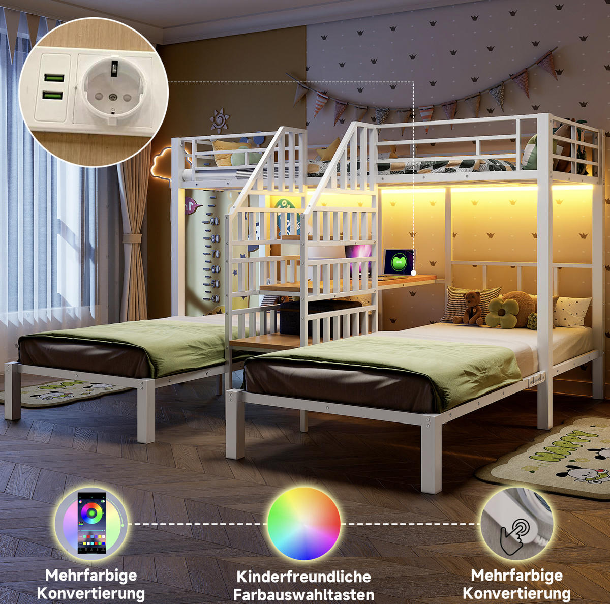 ETAGENBETT 90/200 cm mit 3 Schlafplätzen, LED, USB, Steckdose und Schreibtisch aus Metall/MDF, Weiß - Weiß, Metall (90/200cm) - Redom