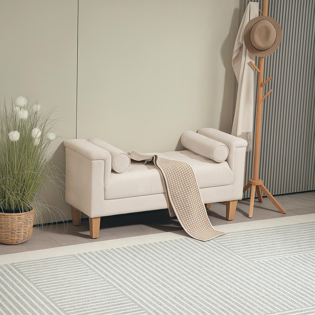 SITZBANK Polsterbank mit Chenille-Bezug, Armlehne, Holzrahmen 115x44x58 cm Beige - Beige, Textil (44/58/115cm) - HOMCOM