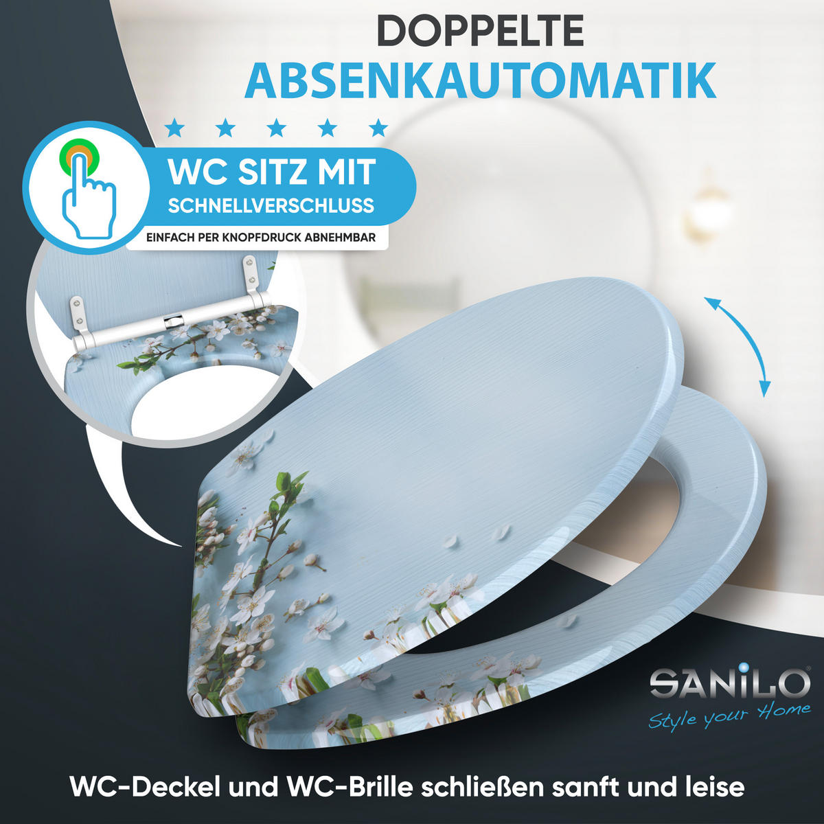 WC-SITZ mit Absenkautomatik & Top Fix Sakura - Blau, Holzwerkstoff (37.7/5.5/48cm) - Sanilo