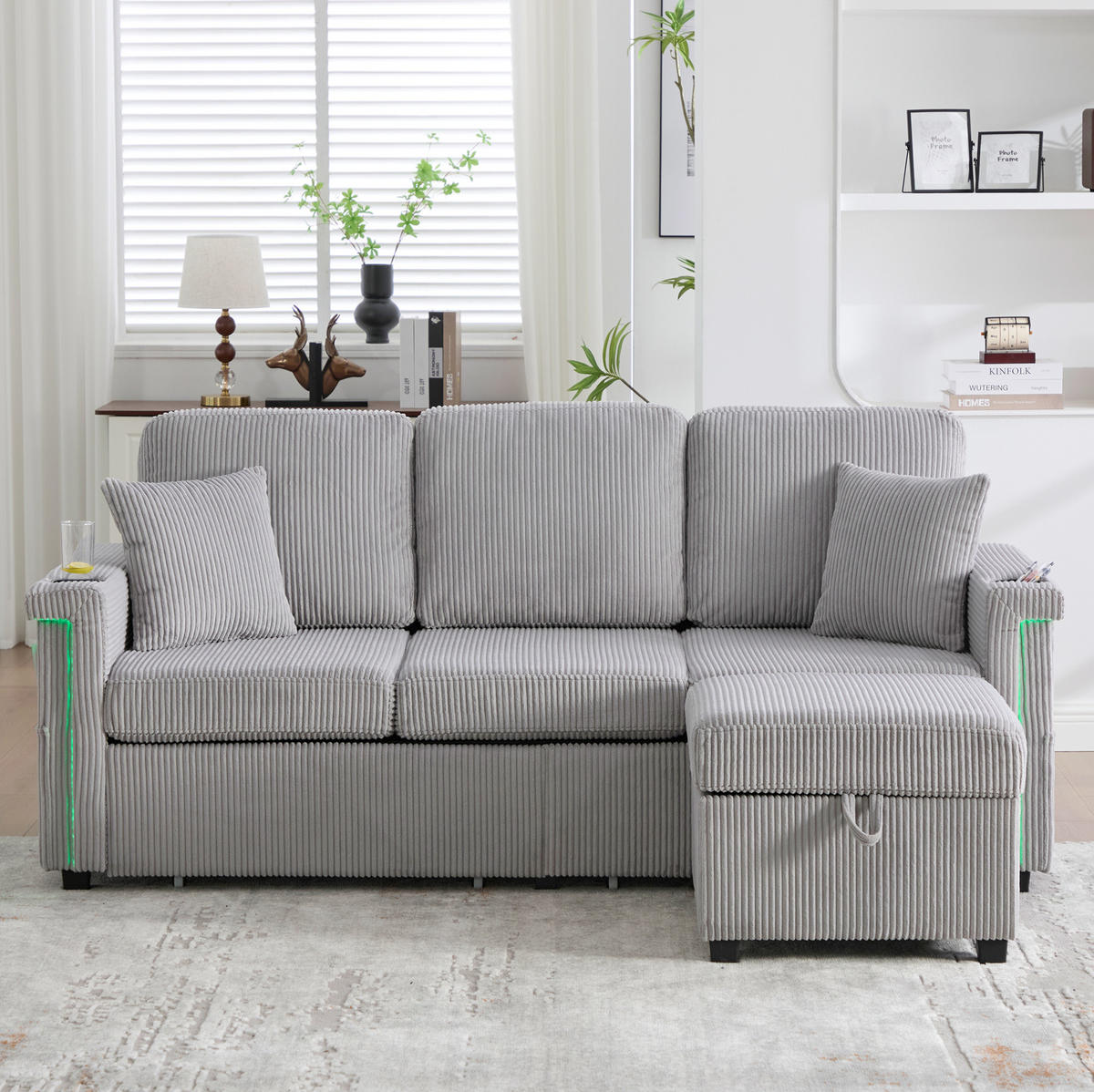 MODULARES Sofa Corduroy mit LED und USB-Anschluss Stauraum und Taschen 194/73/81 cm Hellgrau - Hellgrau, Textil (73/194cm) - Redom
