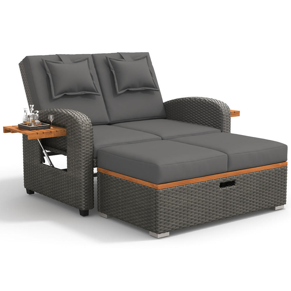 GARTENLOUNGE 2 Personen Grau Rattan verstellbar mit Hocker Kissen - Grau, Metall (53/29.21/84.8cm) - FLIEKS