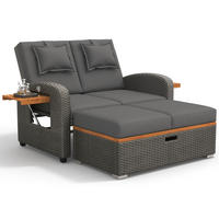 GARTENLOUNGE 2 Personen Grau Rattan verstellbar mit Hocker Kissen - Grau, Metall (53/29.21/84.8cm) - FLIEKS