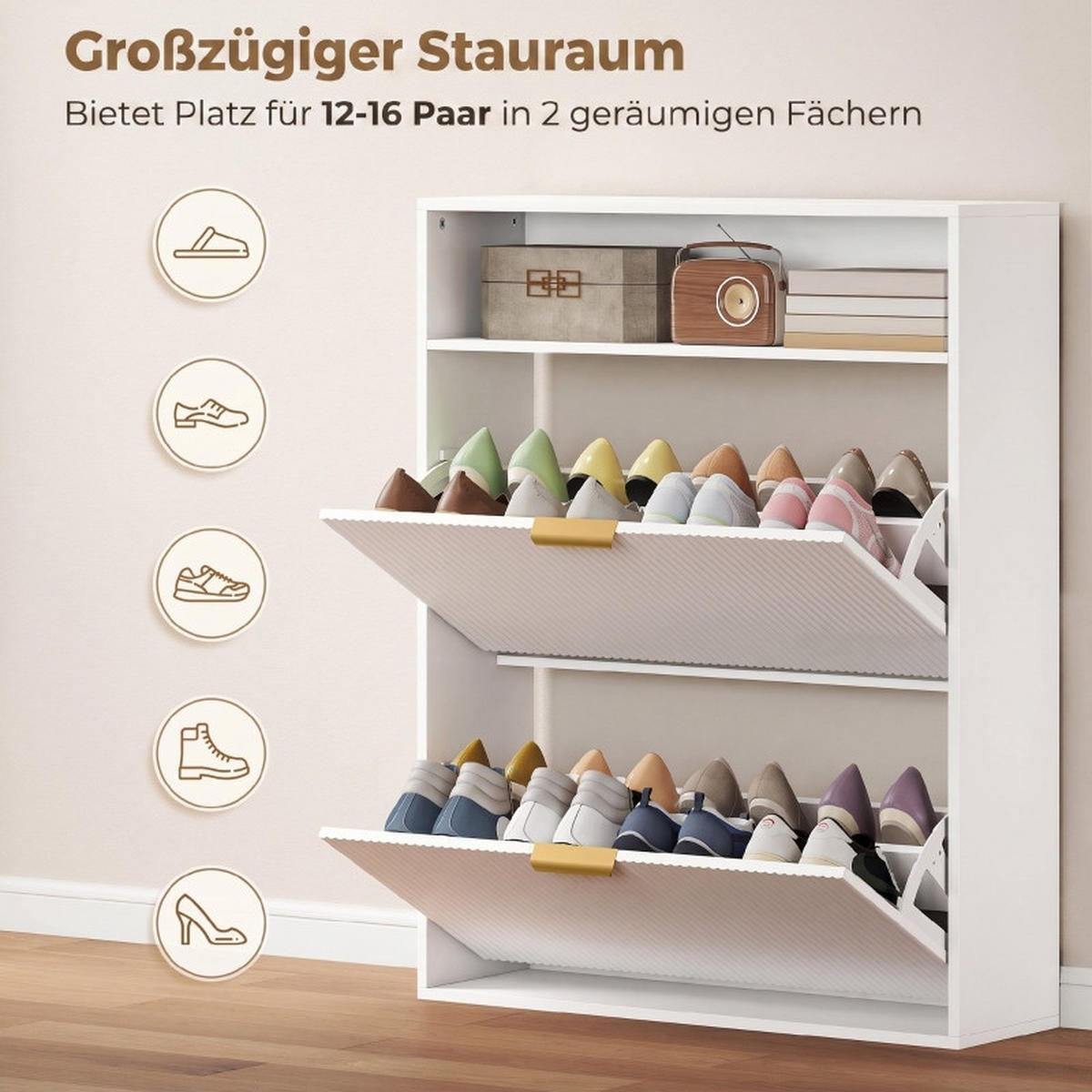 SCHUHKIPPER DE-38049 80/24/102,5 cm mit 2 Klappfächern und Ablagefläche Weiß - Weiß, Holzwerkstoff (80/102.5/24cm) - ComfortXL