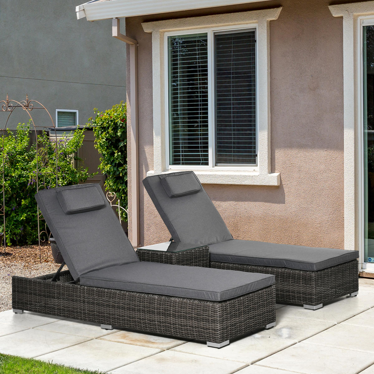 POLY-RATTAN Sonnenliege 3-tlg. Gartenliege Aluminium Grau - Grau, Kunststoff (60/91/195cm) - Outsunny