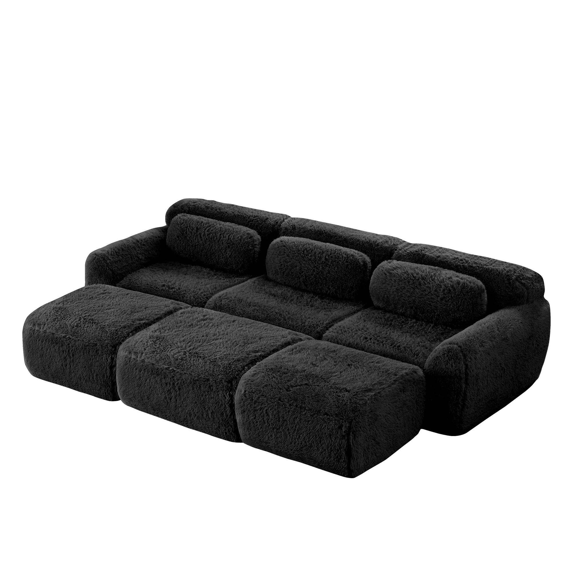 SCHLAFSOFA 3-Sitzer aus Plüschstoff mit 3 Hockern, Schwarz - Schwarz, Textil (291/73/179cm)