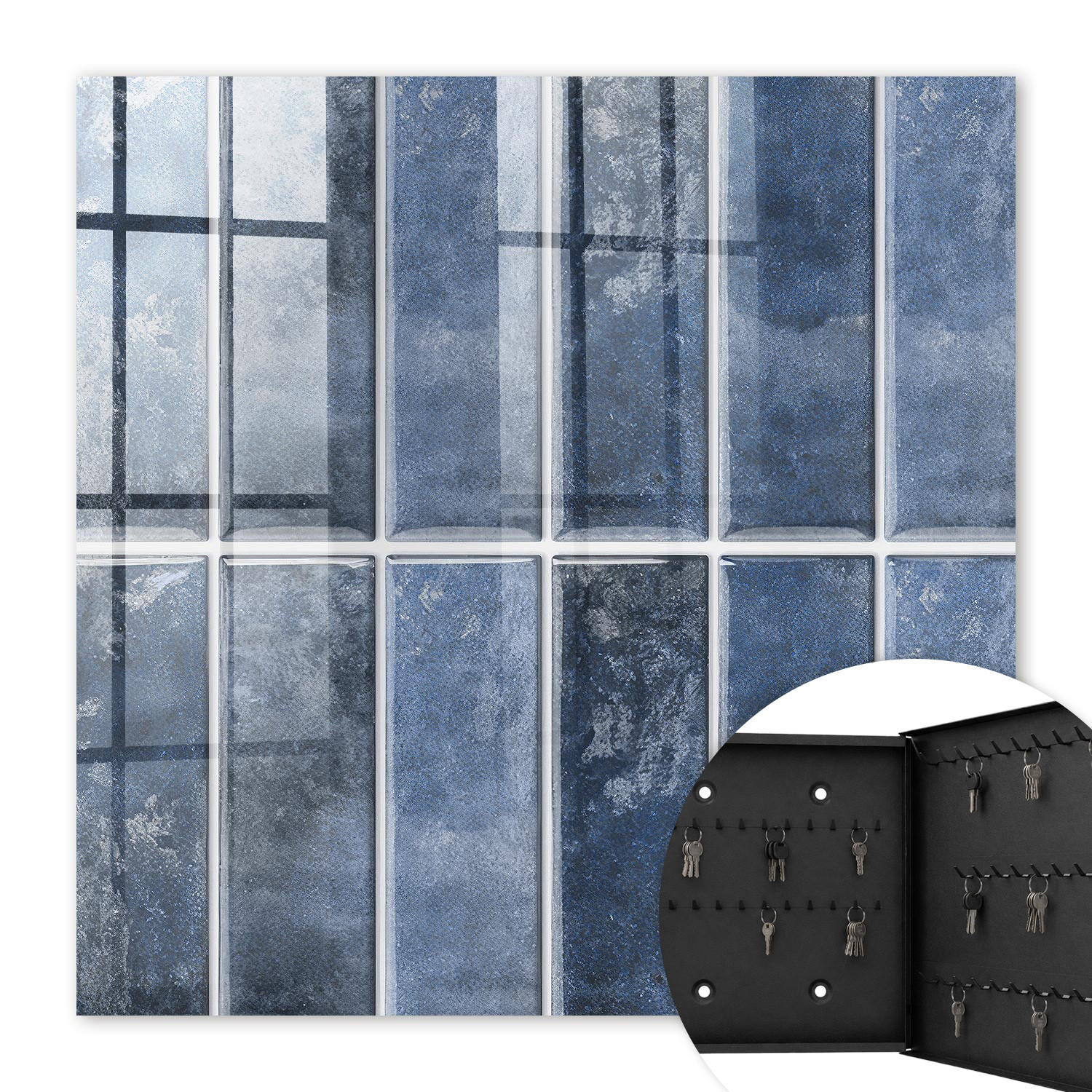 SCHLÜSSELBOX Schwarz 30x30 cm- Türöffnung nach rechts - Blaue Fliesen - Blau, Metall (30/30/5cm) - TULUP